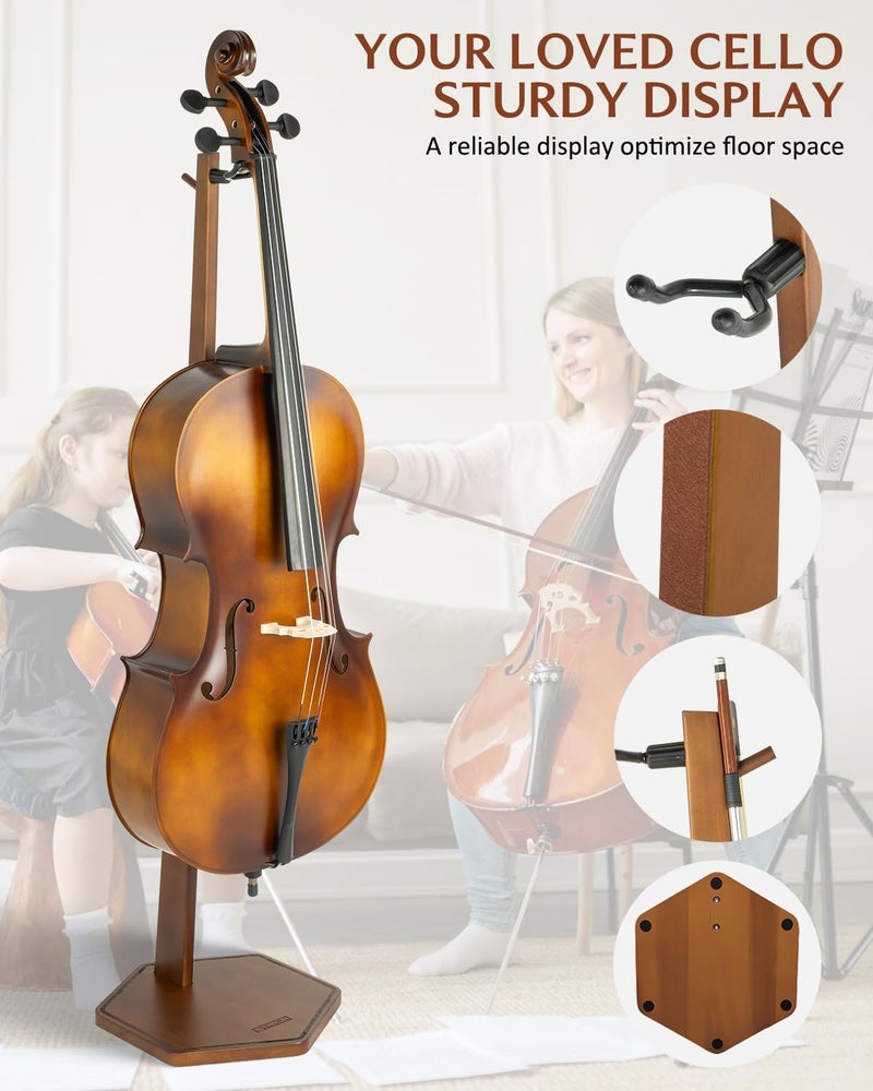 STRICH Wooden Cello Stand with Bow Holder, Heavy-Duty Floor-Standing Display Stand, Cello Wood Floor Stand for 1/2, 1/4, 3/4, 4/4,1/8, 7/8 Full Size, for Home and Studio - Image 3